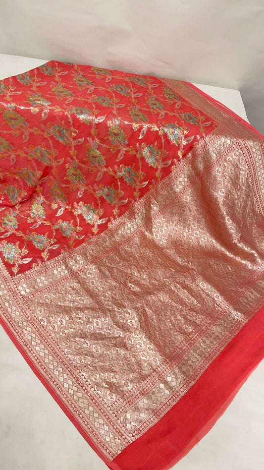 Faishana Pure Handloom Orange Khaddi Georgette Floral Hand painted Zari Jaal with Banarasi Zari Border and Orange Blouse