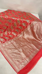 Faishana Pure Handloom Orange Khaddi Georgette Floral Hand painted Zari Jaal with Banarasi Zari Border and Orange Blouse