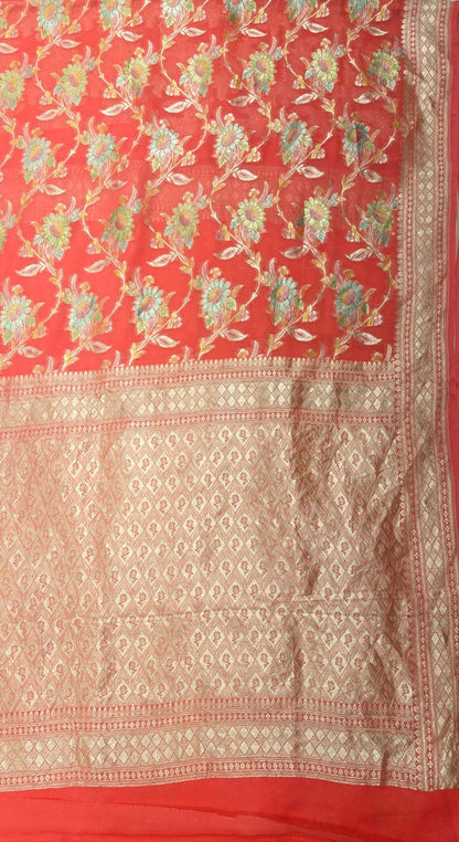 Faishana Pure Handloom Orange Khaddi Georgette Floral Hand painted Zari Jaal with Banarasi Zari Border and Orange Blouse