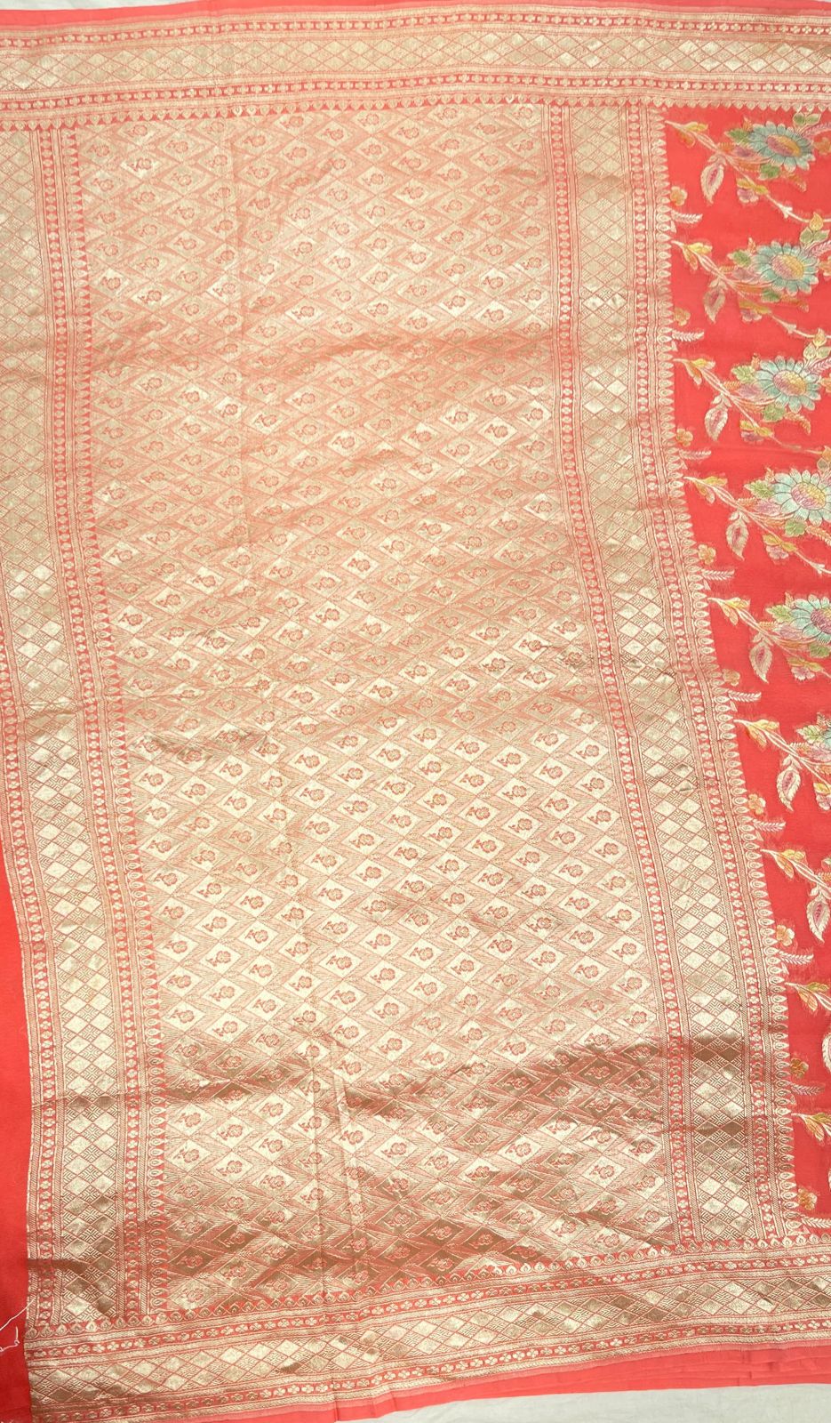 Faishana Pure Handloom Orange Khaddi Georgette Floral Hand painted Zari Jaal with Banarasi Zari Border and Orange Blouse