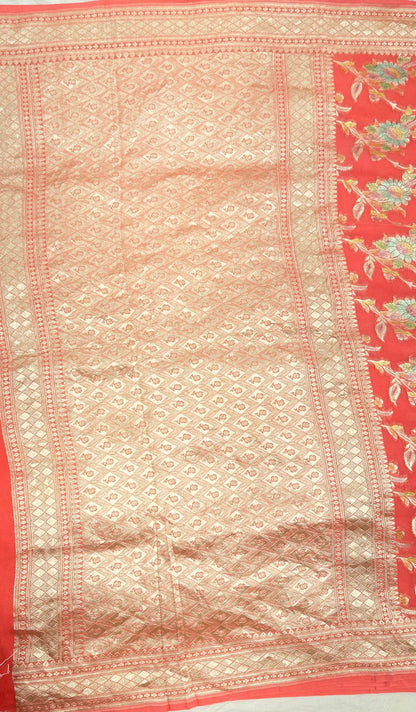 Faishana Pure Handloom Orange Khaddi Georgette Floral Hand painted Zari Jaal with Banarasi Zari Border and Orange Blouse