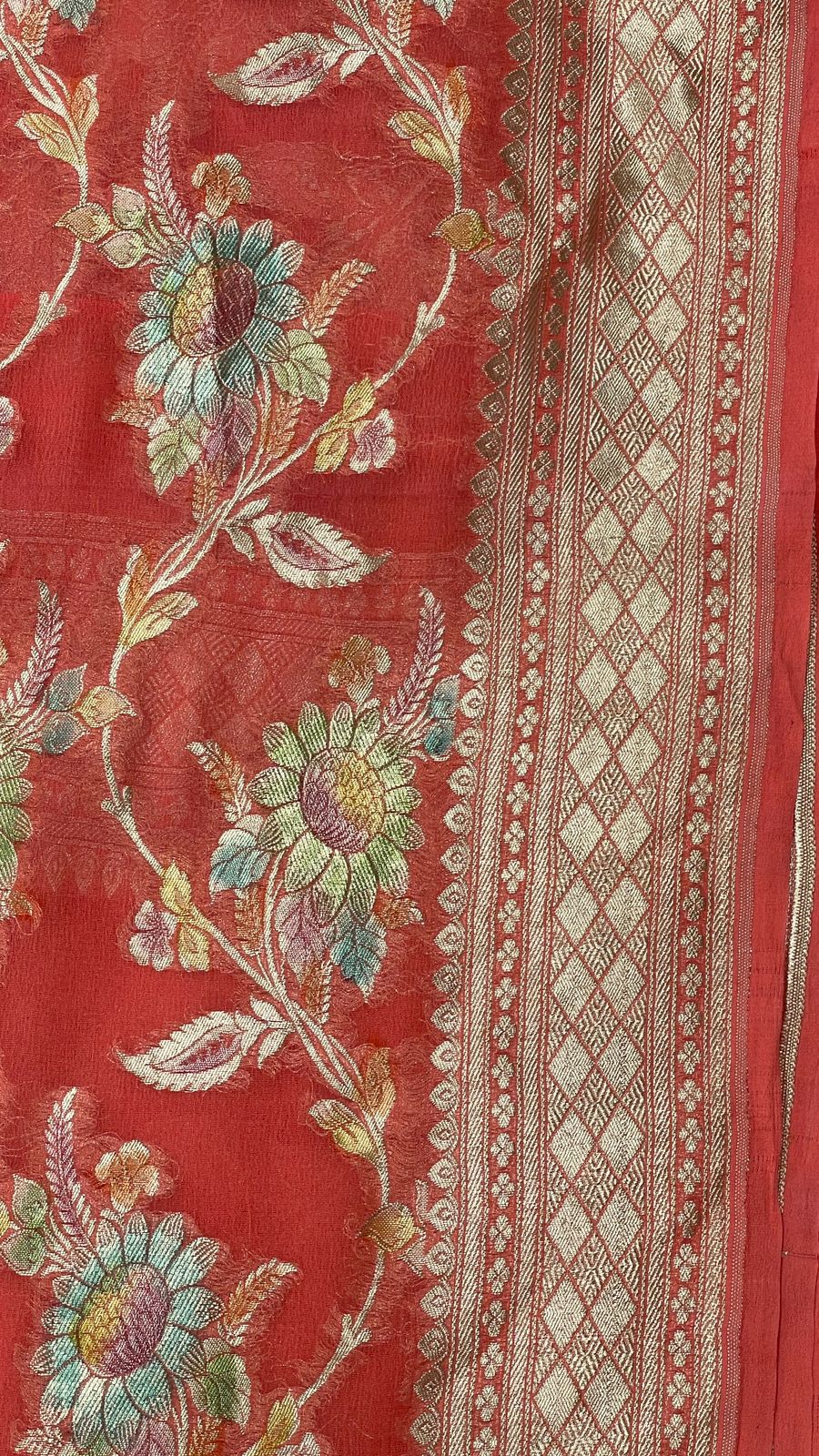 Faishana Pure Handloom Orange Khaddi Georgette Floral Hand painted Zari Jaal with Banarasi Zari Border and Orange Blouse
