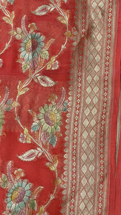 Faishana Pure Handloom Orange Khaddi Georgette Floral Hand painted Zari Jaal with Banarasi Zari Border and Orange Blouse