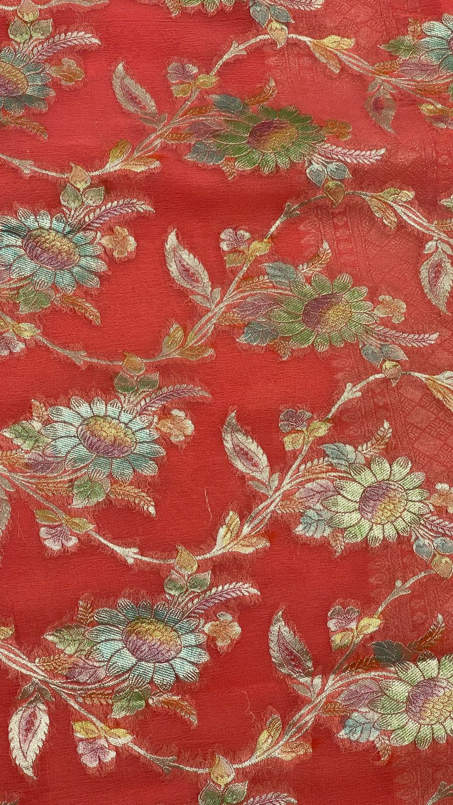 Faishana Pure Handloom Orange Khaddi Georgette Floral Hand painted Zari Jaal with Banarasi Zari Border and Orange Blouse