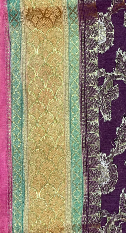 Faishana Pure Handloom Purple Saree with Floral Zari Jaal Contrast 2D Color Anchal and Pink Blouse