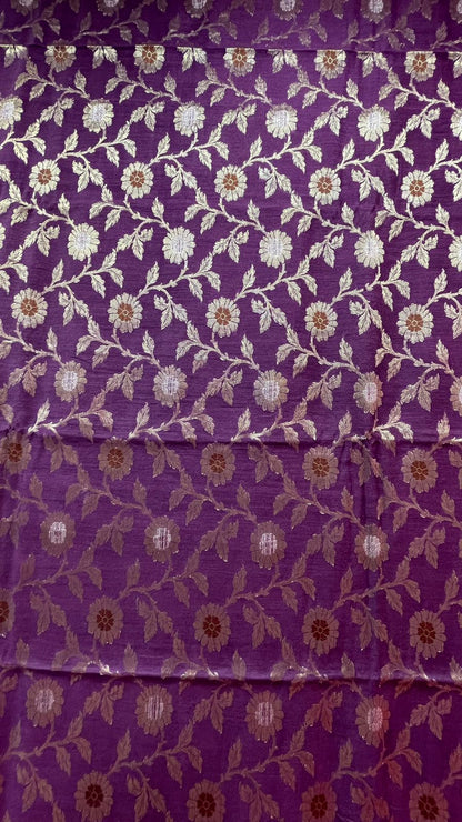 Faishana Pure Handloom Purple Saree with Floral Zari Jaal Contrast 2D Color Anchal and Pink Blouse