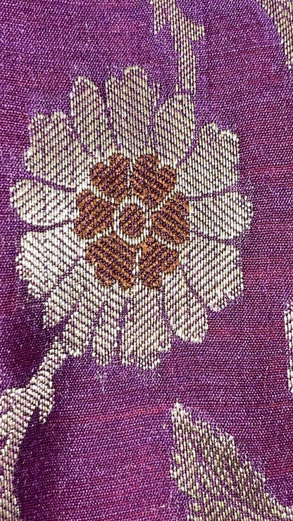 Faishana Pure Handloom Purple Saree with Floral Zari Jaal Contrast 2D Color Anchal and Pink Blouse