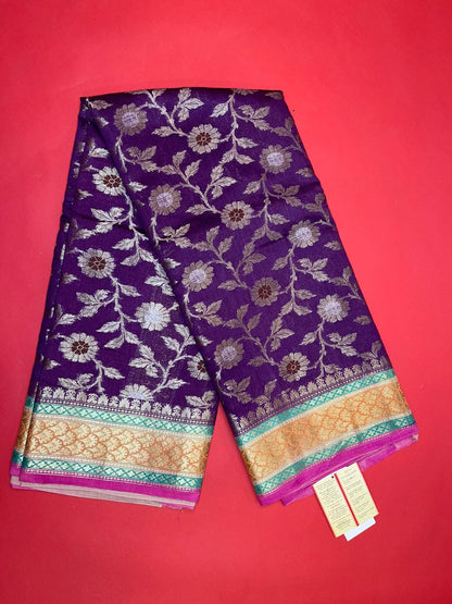 Faishana Pure Handloom Purple Saree with Floral Zari Jaal Contrast 2D Color Anchal and Pink Blouse