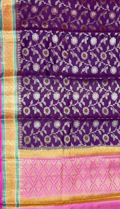 Faishana Pure Handloom Purple Saree with Floral Zari Jaal Contrast 2D Color Anchal and Pink Blouse