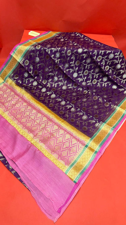 Faishana Pure Handloom Purple Saree with Floral Zari Jaal Contrast 2D Color Anchal and Pink Blouse