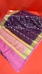 Faishana Pure Handloom Purple Saree with Floral Zari Jaal Contrast 2D Color Anchal and Pink Blouse