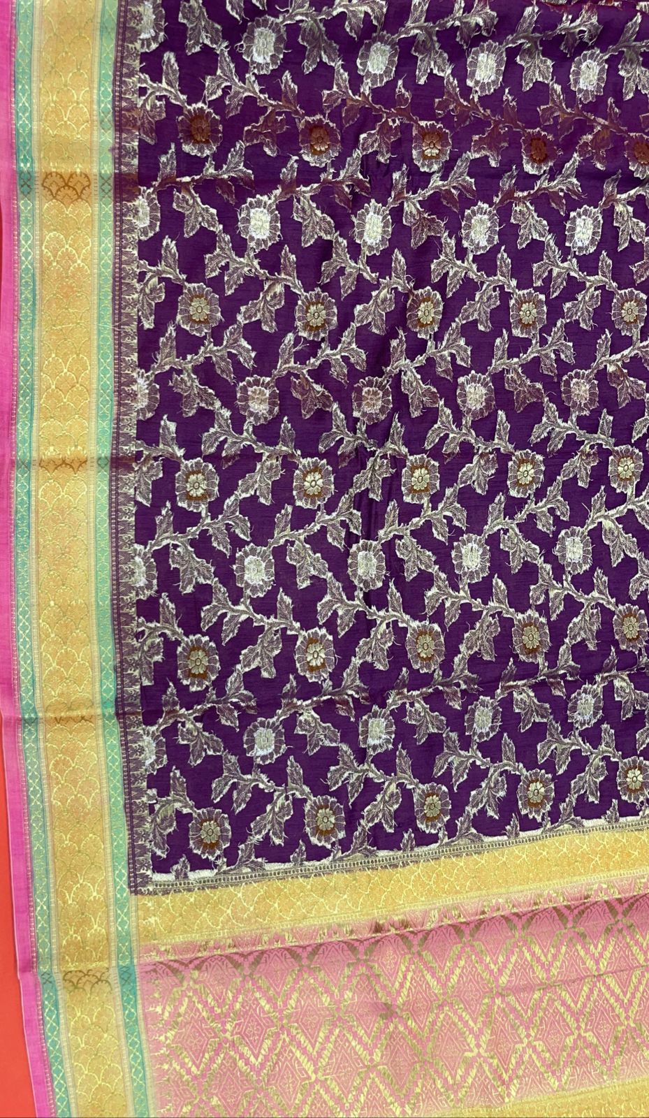 Faishana Pure Handloom Purple Saree with Floral Zari Jaal Contrast 2D Color Anchal and Pink Blouse