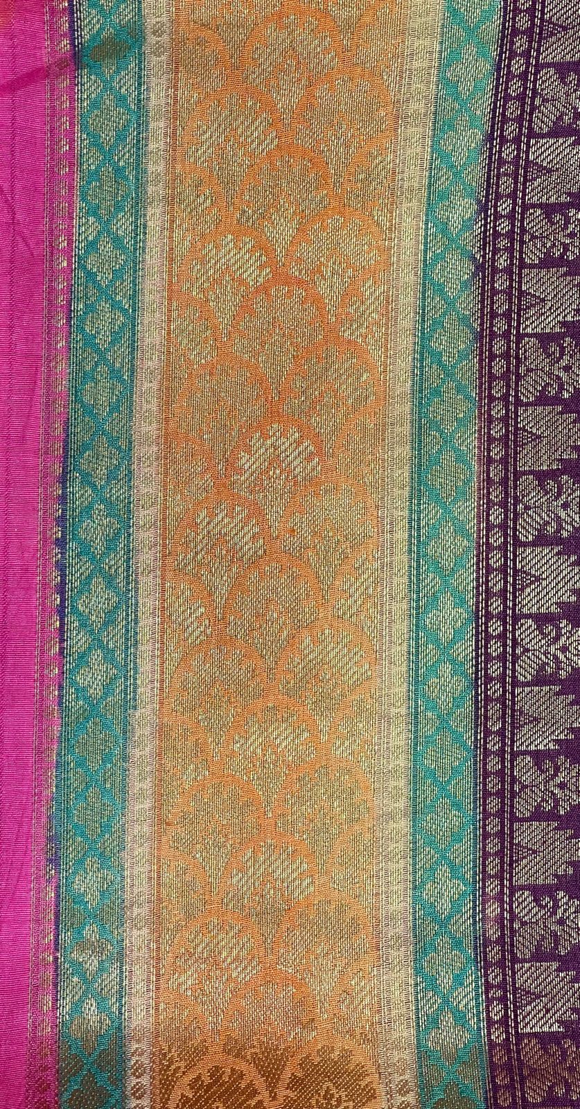 Faishana Pure Handloom Purple Saree with Floral Zari Jaal Contrast 2D Color Anchal and Pink Blouse