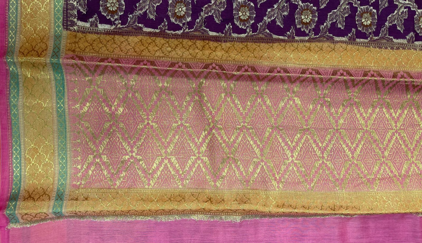 Faishana Pure Handloom Purple Saree with Floral Zari Jaal Contrast 2D Color Anchal and Pink Blouse