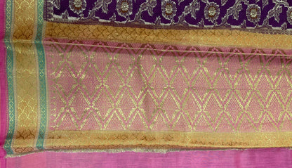 Faishana Pure Handloom Purple Saree with Floral Zari Jaal Contrast 2D Color Anchal and Pink Blouse
