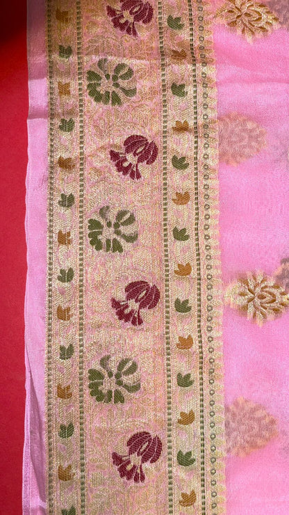 Faishana Presents Pink Chiffon Handloom Mina Zari Booti with Resham Golden Zari Kadiyal with Banarasi Mina Border with Pink Blouse
