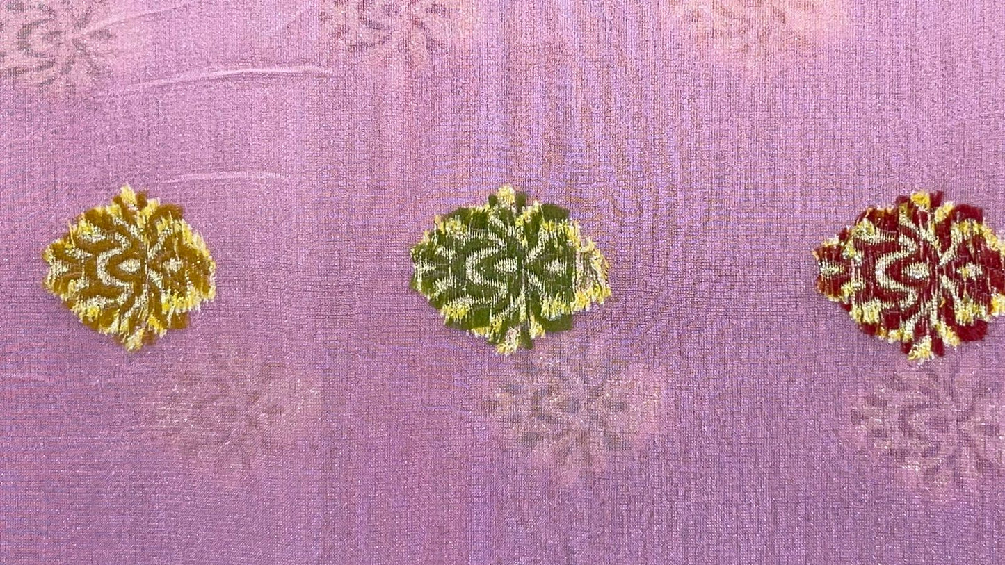 Faishana Presents Pink Chiffon Handloom Mina Zari Booti with Resham Golden Zari Kadiyal with Banarasi Mina Border with Pink Blouse