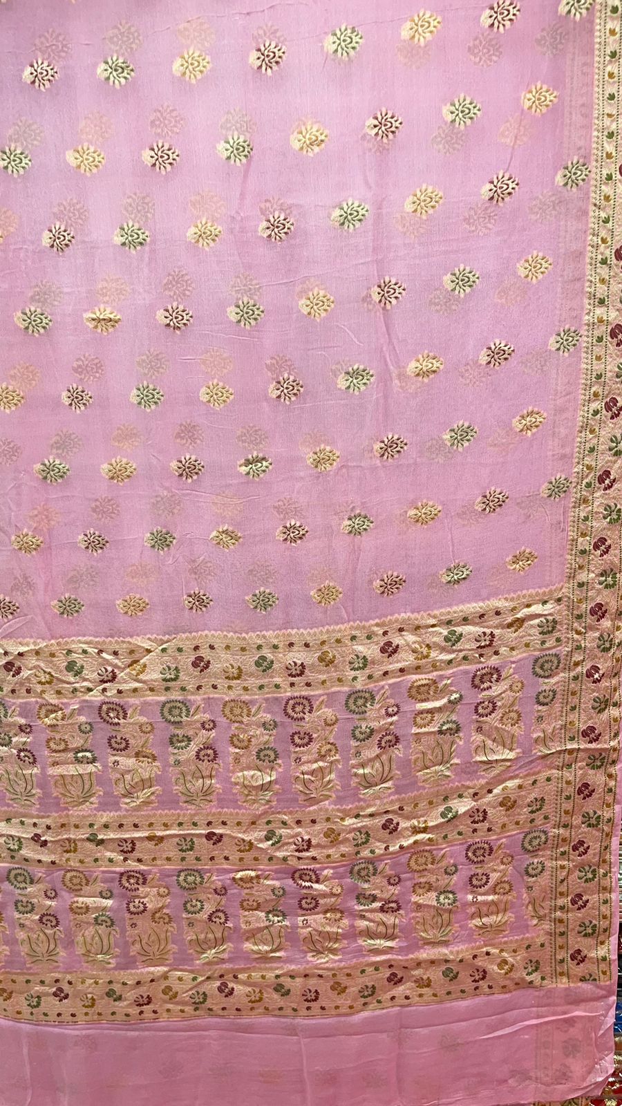 Faishana Presents Pink Chiffon Handloom Mina Zari Booti with Resham Golden Zari Kadiyal with Banarasi Mina Border with Pink Blouse