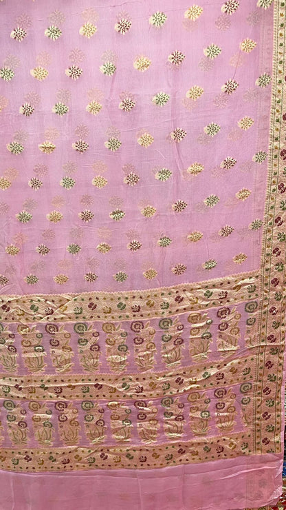 Faishana Presents Pink Chiffon Handloom Mina Zari Booti with Resham Golden Zari Kadiyal with Banarasi Mina Border with Pink Blouse