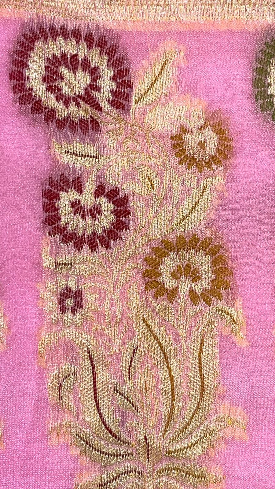 Faishana Presents Pink Chiffon Handloom Mina Zari Booti with Resham Golden Zari Kadiyal with Banarasi Mina Border with Pink Blouse