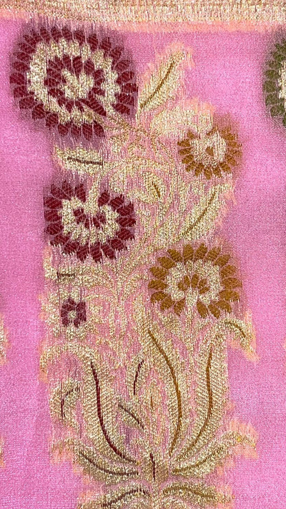 Faishana Presents Pink Chiffon Handloom Mina Zari Booti with Resham Golden Zari Kadiyal with Banarasi Mina Border with Pink Blouse