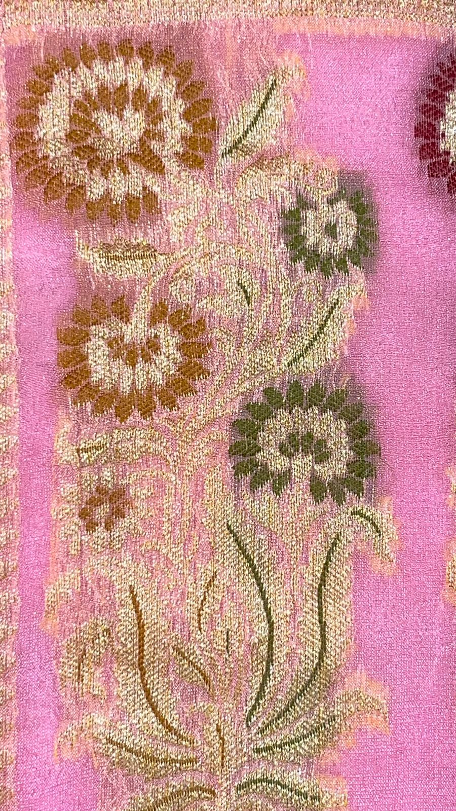 Faishana Presents Pink Chiffon Handloom Mina Zari Booti with Resham Golden Zari Kadiyal with Banarasi Mina Border with Pink Blouse