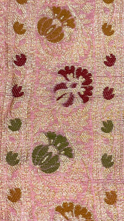 Faishana Presents Pink Chiffon Handloom Mina Zari Booti with Resham Golden Zari Kadiyal with Banarasi Mina Border with Pink Blouse