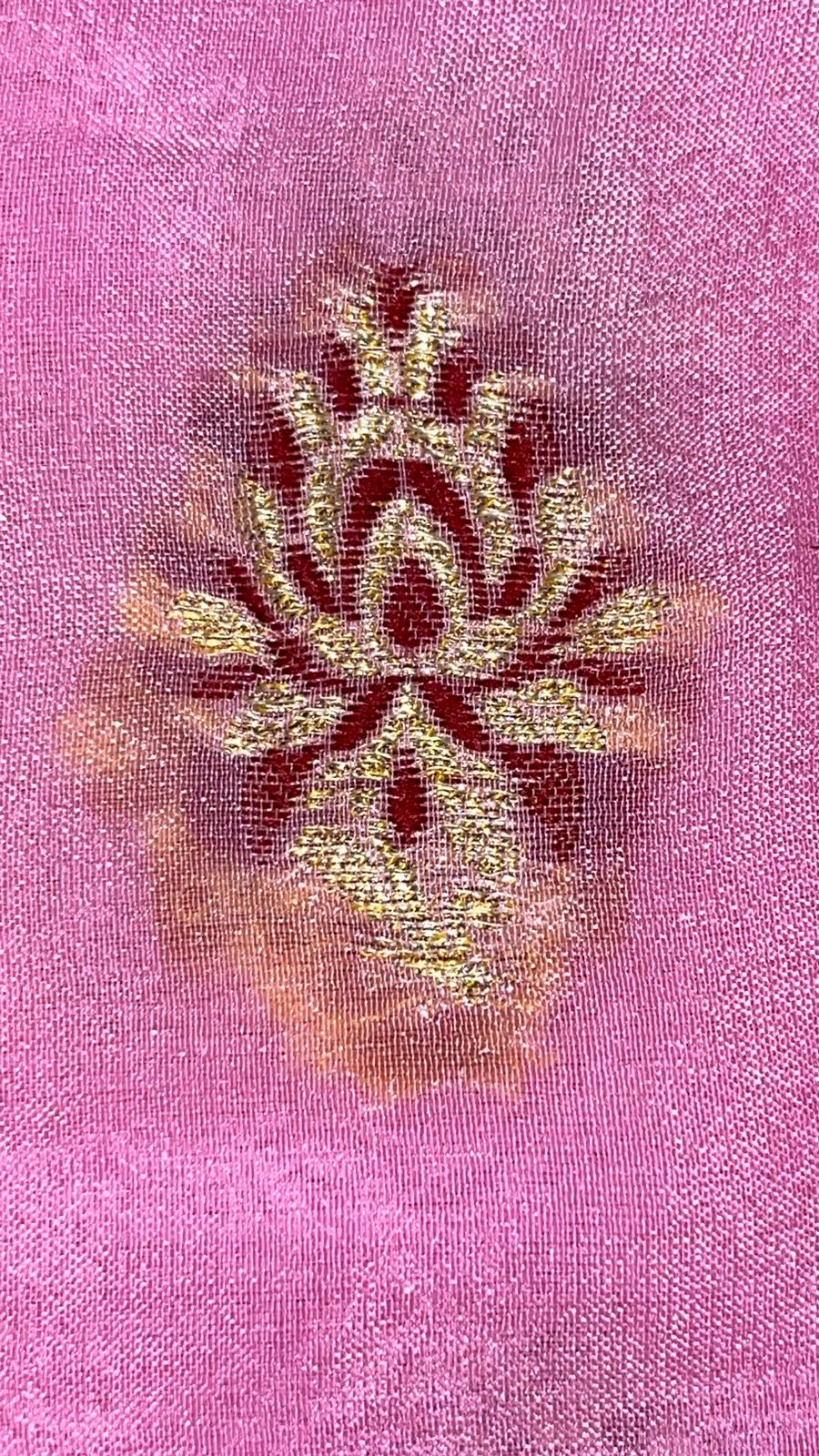 Faishana Presents Pink Chiffon Handloom Mina Zari Booti with Resham Golden Zari Kadiyal with Banarasi Mina Border with Pink Blouse