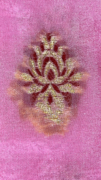 Faishana Presents Pink Chiffon Handloom Mina Zari Booti with Resham Golden Zari Kadiyal with Banarasi Mina Border with Pink Blouse