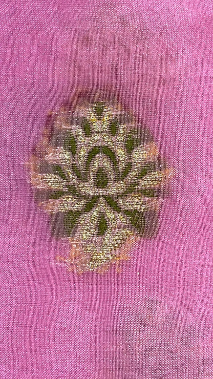 Faishana Presents Pink Chiffon Handloom Mina Zari Booti with Resham Golden Zari Kadiyal with Banarasi Mina Border with Pink Blouse