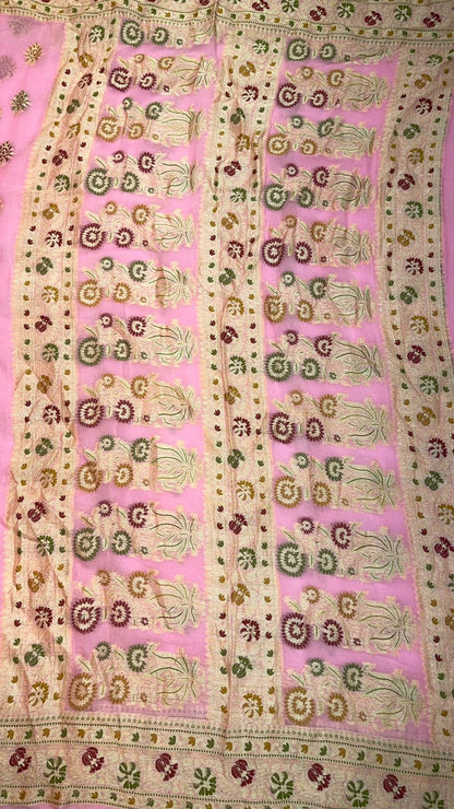 Faishana Presents Pink Chiffon Handloom Mina Zari Booti with Resham Golden Zari Kadiyal with Banarasi Mina Border with Pink Blouse