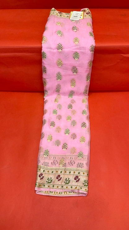 Faishana Presents Pink Chiffon Handloom Mina Zari Booti with Resham Golden Zari Kadiyal with Banarasi Mina Border with Pink Blouse