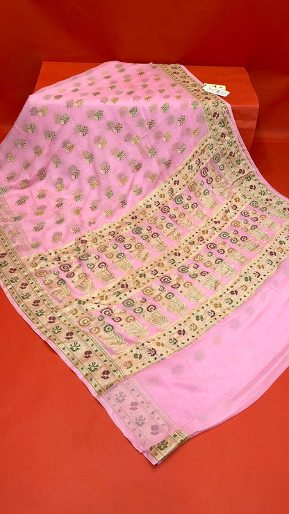 Faishana Presents Pink Chiffon Handloom Mina Zari Booti with Resham Golden Zari Kadiyal with Banarasi Mina Border with Pink Blouse