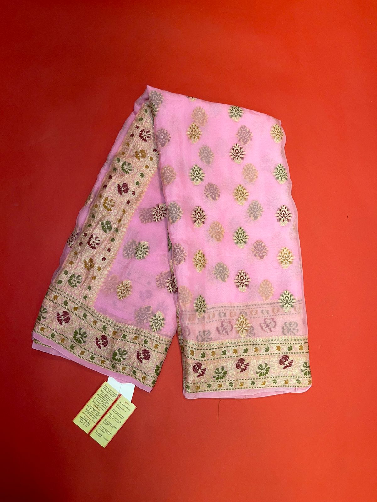 Faishana Presents Pink Chiffon Handloom Mina Zari Booti with Resham Golden Zari Kadiyal with Banarasi Mina Border with Pink Blouse