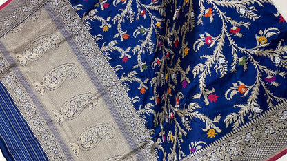 Symphony of Elegance and Tradition: Faishana Pure Handloom Navy Blue Katan Silk Multicolor Minakari Kadhwa Jaal and Zari Border with Navy Stripe Blouse