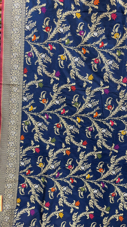 Symphony of Elegance and Tradition: Faishana Pure Handloom Navy Blue Katan Silk Multicolor Minakari Kadhwa Jaal and Zari Border with Navy Stripe Blouse