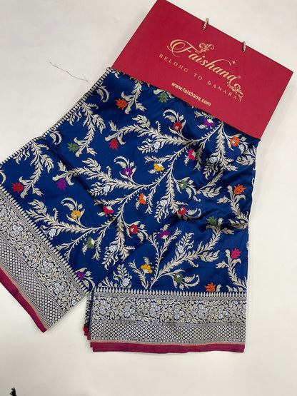 Symphony of Elegance and Tradition: Faishana Pure Handloom Navy Blue Katan Silk Multicolor Minakari Kadhwa Jaal and Zari Border with Navy Stripe Blouse