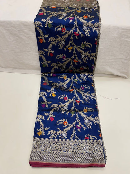 Symphony of Elegance and Tradition: Faishana Pure Handloom Navy Blue Katan Silk Multicolor Minakari Kadhwa Jaal and Zari Border with Navy Stripe Blouse