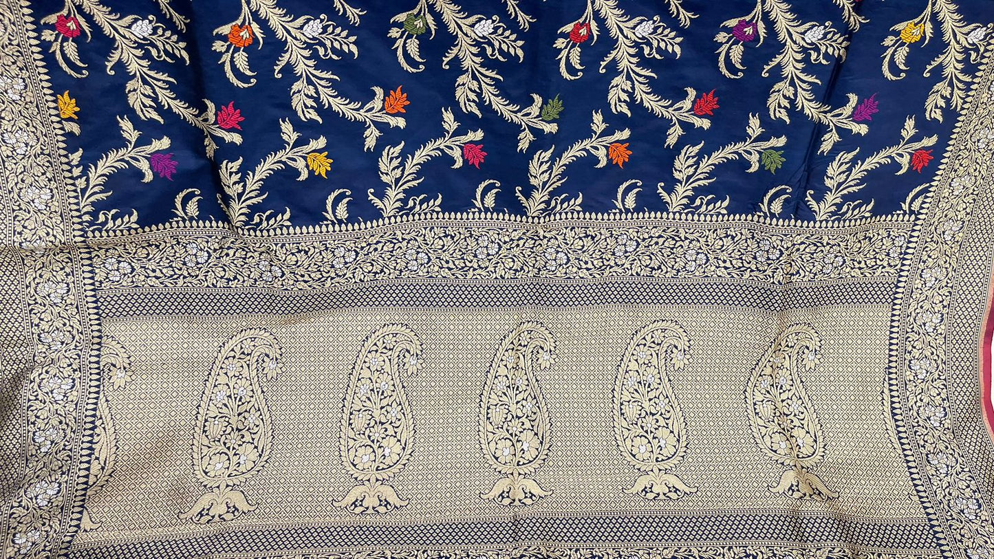 Symphony of Elegance and Tradition: Faishana Pure Handloom Navy Blue Katan Silk Multicolor Minakari Kadhwa Jaal and Zari Border with Navy Stripe Blouse