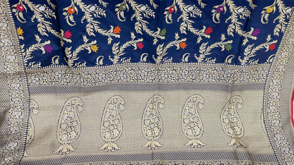 Symphony of Elegance and Tradition: Faishana Pure Handloom Navy Blue Katan Silk Multicolor Minakari Kadhwa Jaal and Zari Border with Navy Stripe Blouse