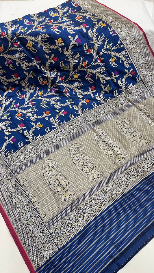 Symphony of Elegance and Tradition: Faishana Pure Handloom Navy Blue Katan Silk Multicolor Minakari Kadhwa Jaal and Zari Border with Navy Stripe Blouse
