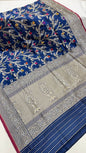 Symphony of Elegance and Tradition: Faishana Pure Handloom Navy Blue Katan Silk Multicolor Minakari Kadhwa Jaal and Zari Border with Navy Stripe Blouse
