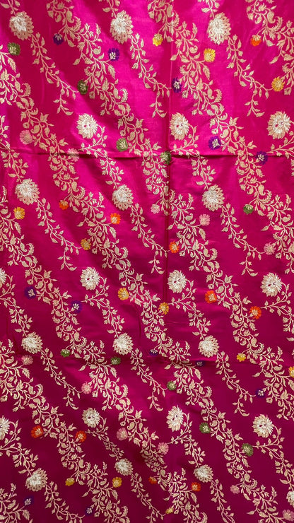 Faishana Pure Silk Handloom Katan Silk Pink Aada Kadhwa Meenakari Jangla Kadhwa Border with Pink Blouse
