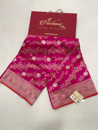 Faishana Pure Silk Handloom Katan Silk Pink Aada Kadhwa Meenakari Jangla Kadhwa Border with Pink Blouse