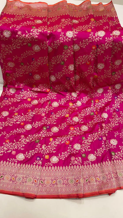 Faishana Pure Silk Handloom Katan Silk Pink Aada Kadhwa Meenakari Jangla Kadhwa Border with Pink Blouse