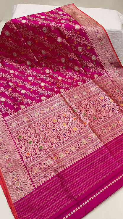 Faishana Pure Silk Handloom Katan Silk Pink Aada Kadhwa Meenakari Jangla Kadhwa Border with Pink Blouse