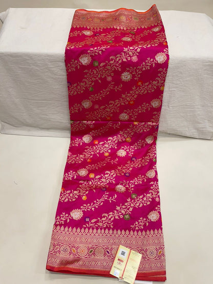 Faishana Pure Silk Handloom Katan Silk Pink Aada Kadhwa Meenakari Jangla Kadhwa Border with Pink Blouse