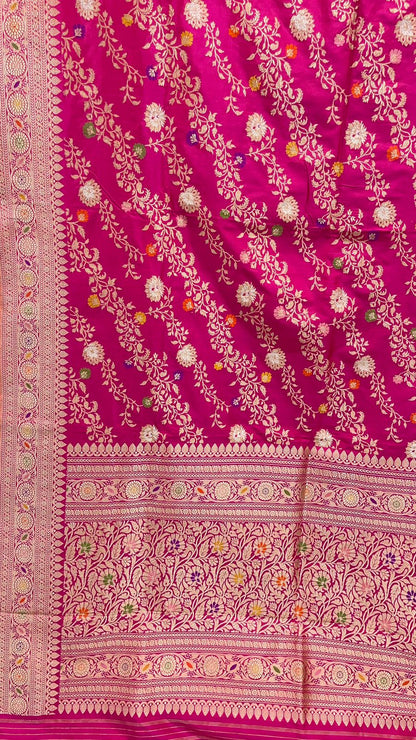 Faishana Pure Silk Handloom Katan Silk Pink Aada Kadhwa Meenakari Jangla Kadhwa Border with Pink Blouse