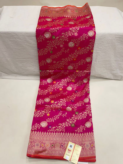 Faishana Pure Silk Handloom Katan Silk Pink Aada Kadhwa Meenakari Jangla Kadhwa Border with Pink Blouse