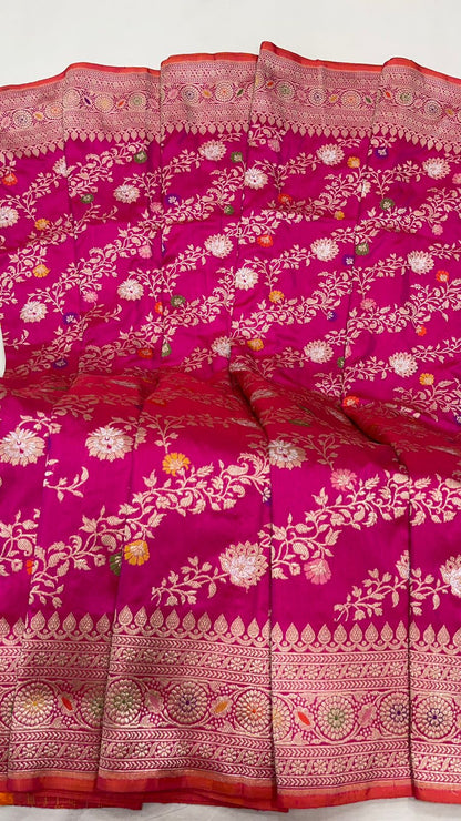 Faishana Pure Silk Handloom Katan Silk Pink Aada Kadhwa Meenakari Jangla Kadhwa Border with Pink Blouse